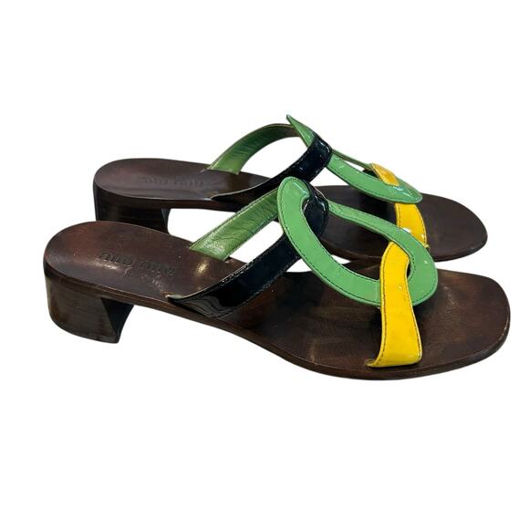 Vintage Miu Miu Green Yellow Black Patent Leather Sandal Heels Womens 36 / US 6 - Picture 1 of 9